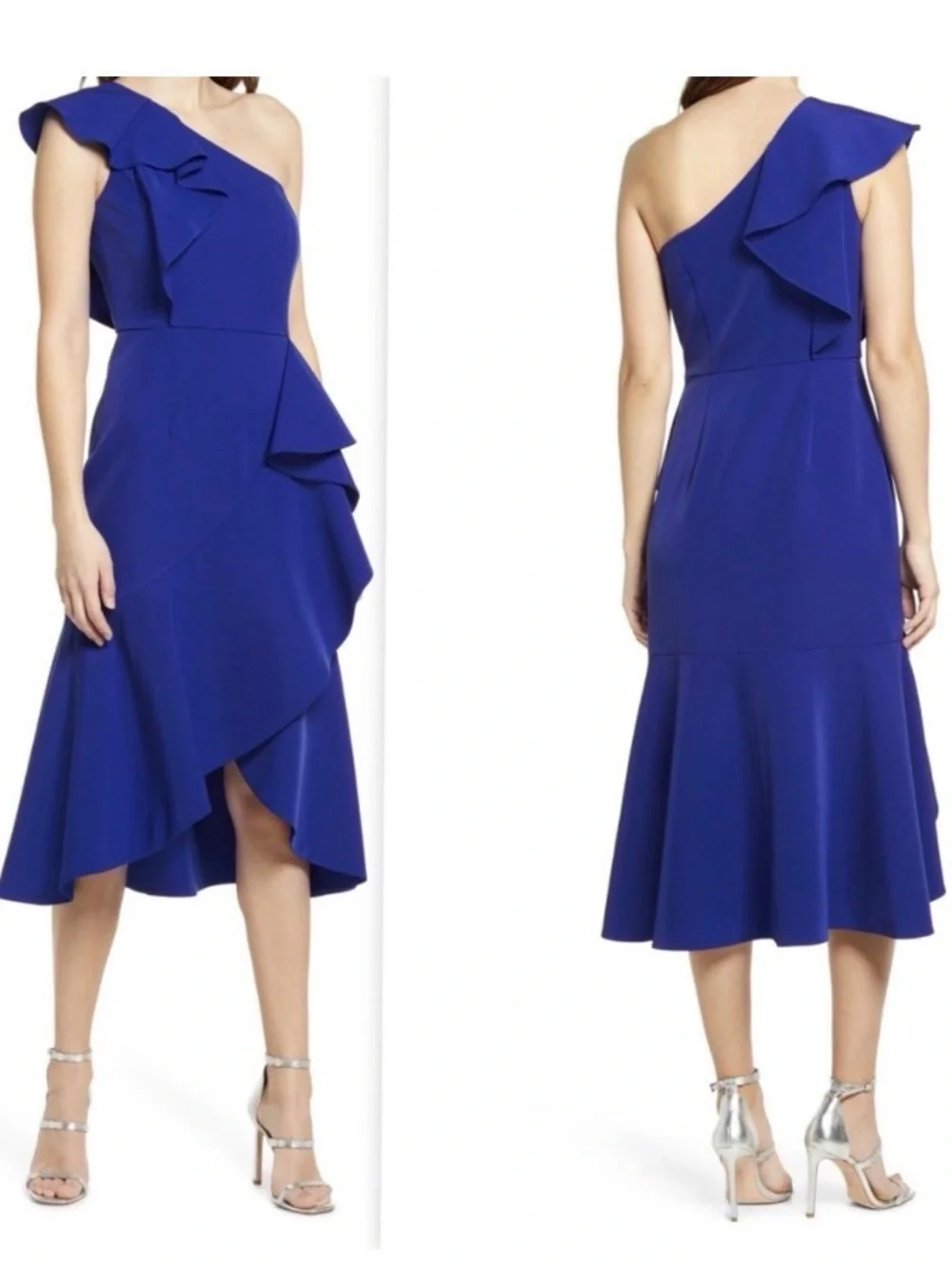 Vince Camuto One-Shoulder Royal Blue Ruffle Midi Dress - Picture 1 of 2